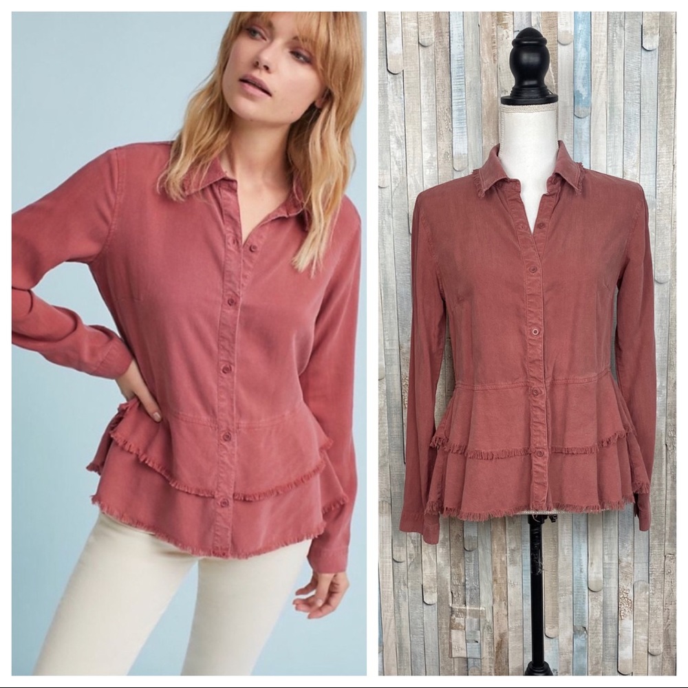 Anthropologie XS Cloth‎ & Stone Fringed Tiered Buttondown Shirt Top Tencel Red